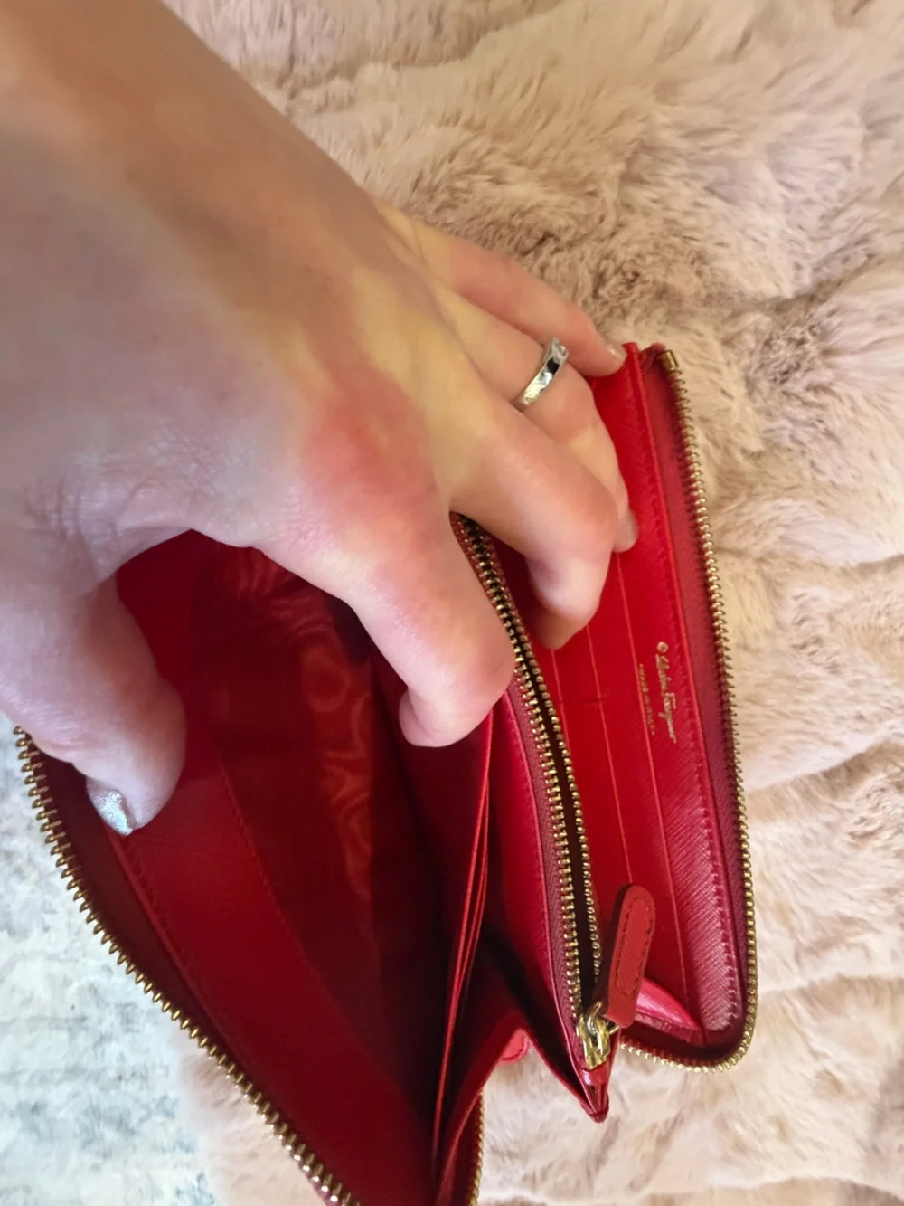 Salvatore Ferragamo Red Leather Vara Bow Wallet with Gold Hardware